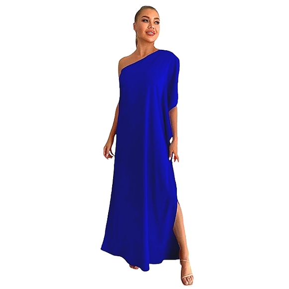 BEAUTIFUL ONE SHOULDER COBALT BLUE GODDESS GREEK STYLE DRESS NWOT - Picture 2 of 12